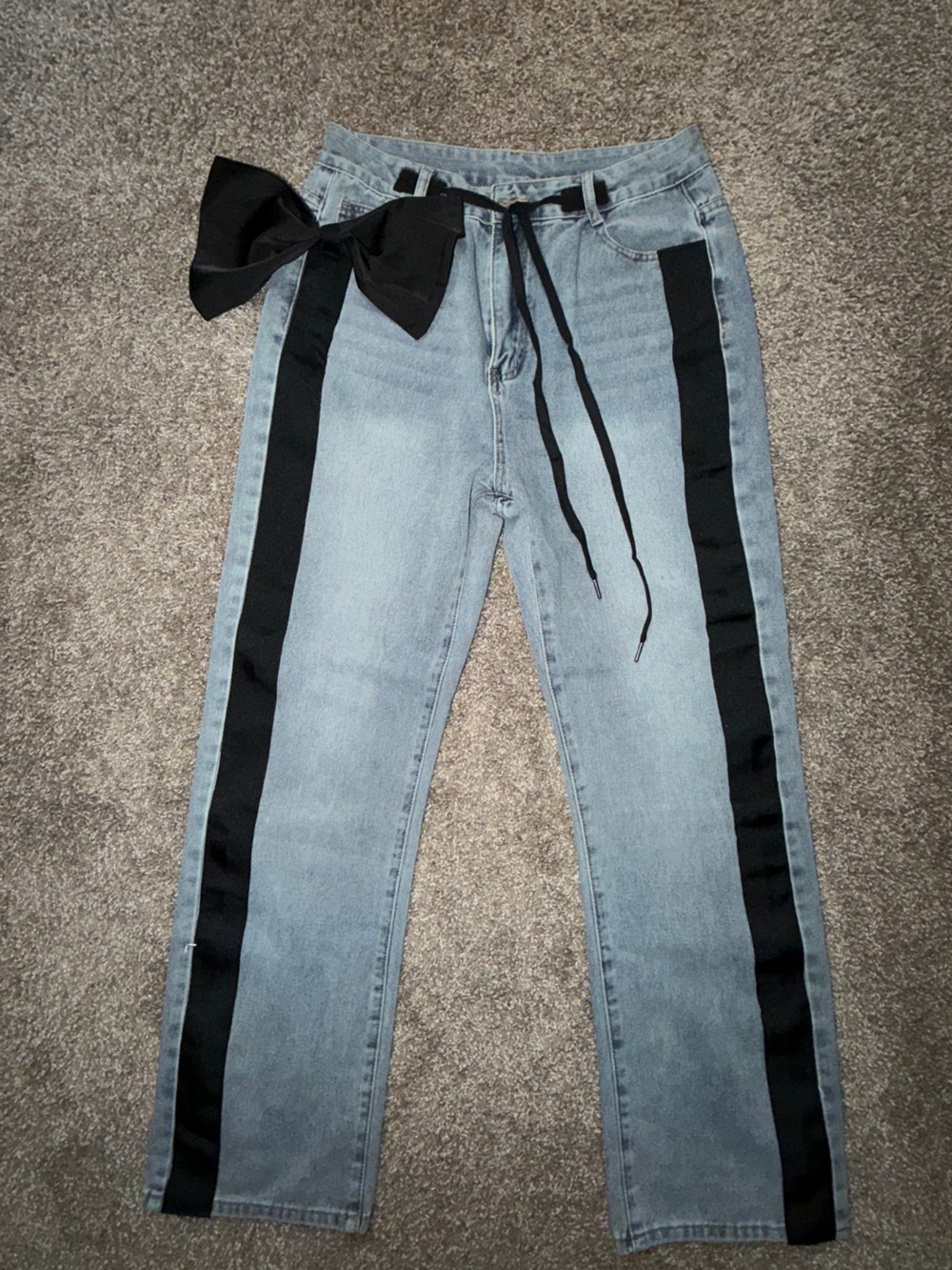 Light Blue Women’s Jeans with Black Side Stripe and Bow